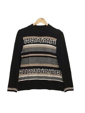 𝅺alia petite knit sweater cotton blend black ecru beige animal pattern medium